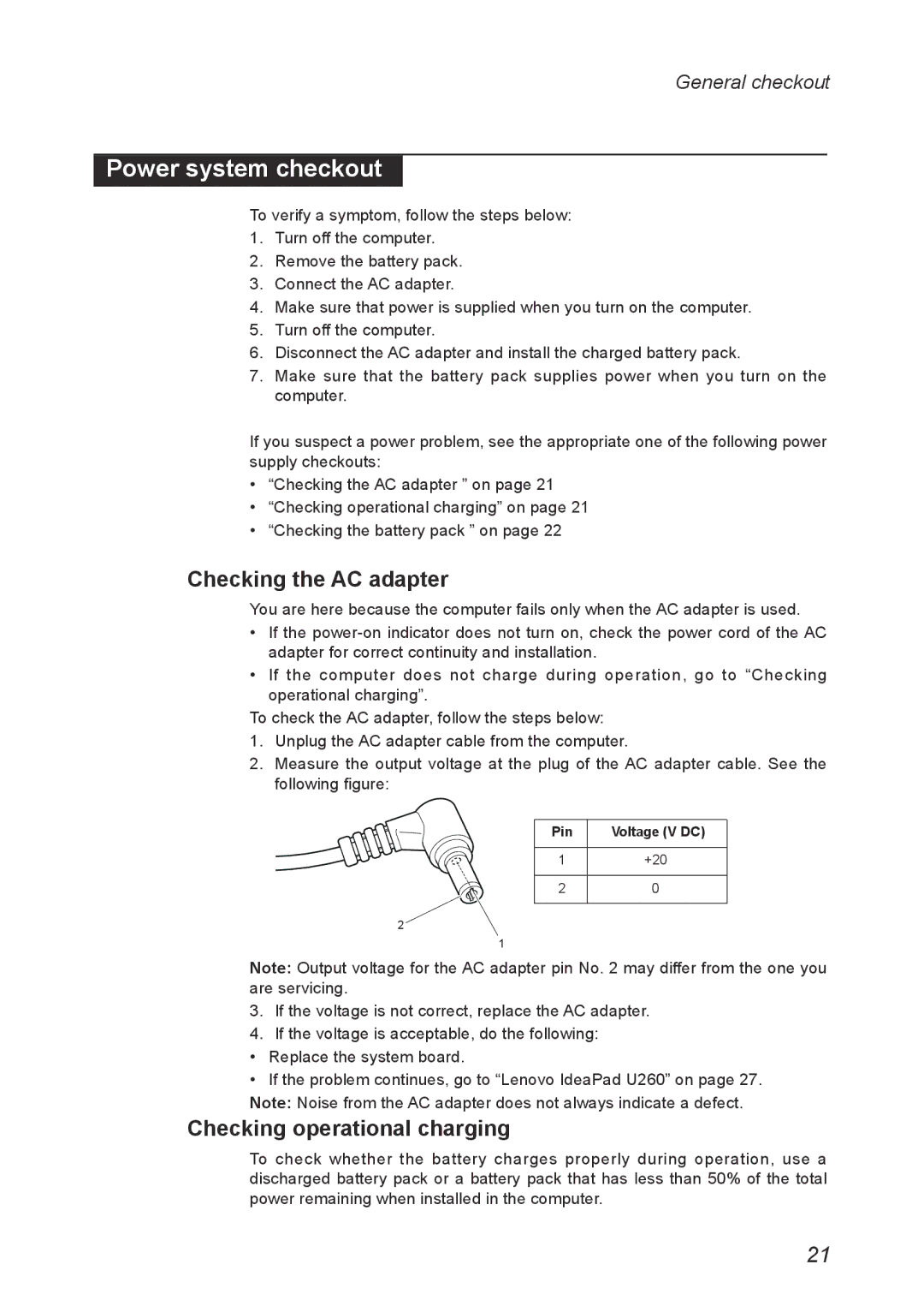 Lenovo U260 manual Power system checkout, Checking the AC adapter, Checking operational charging 