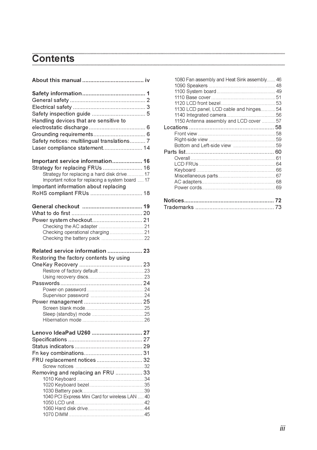 Lenovo U260 manual Contents 