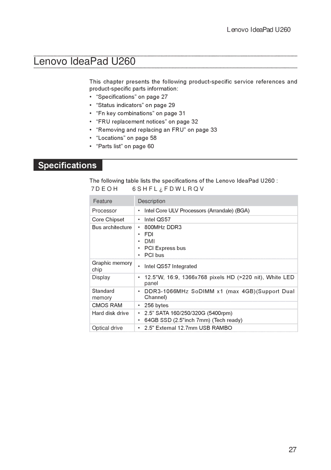 Lenovo U260 manual Specifications 