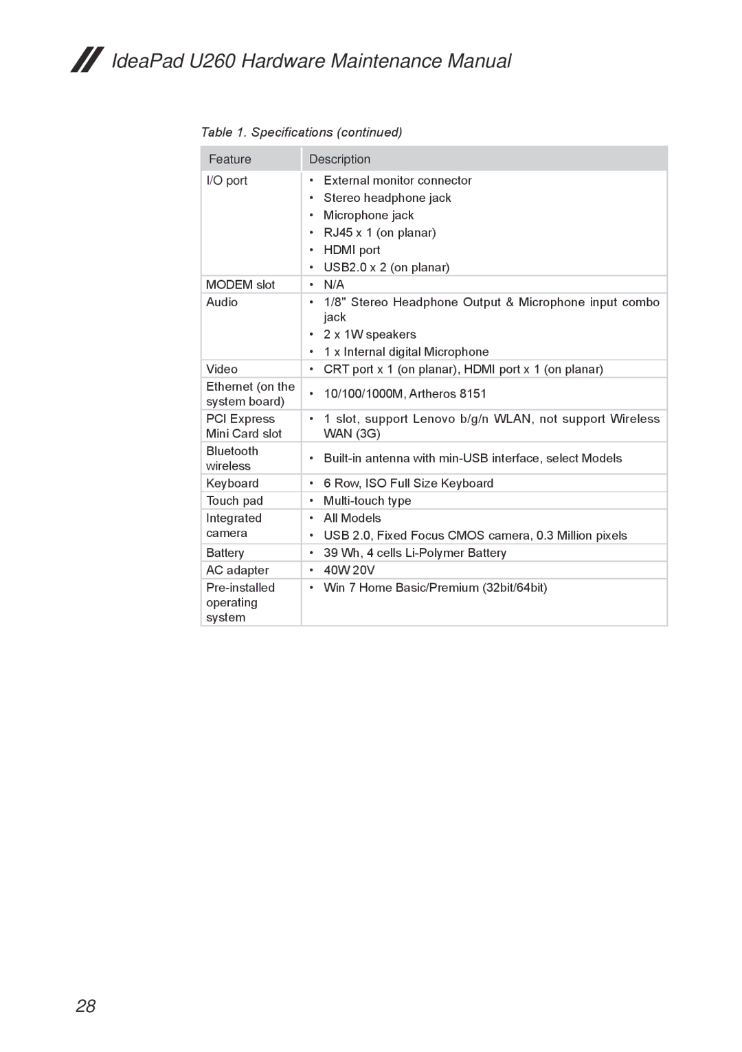 Lenovo manual IdeaPad U260 Hardware Maintenance Manual 