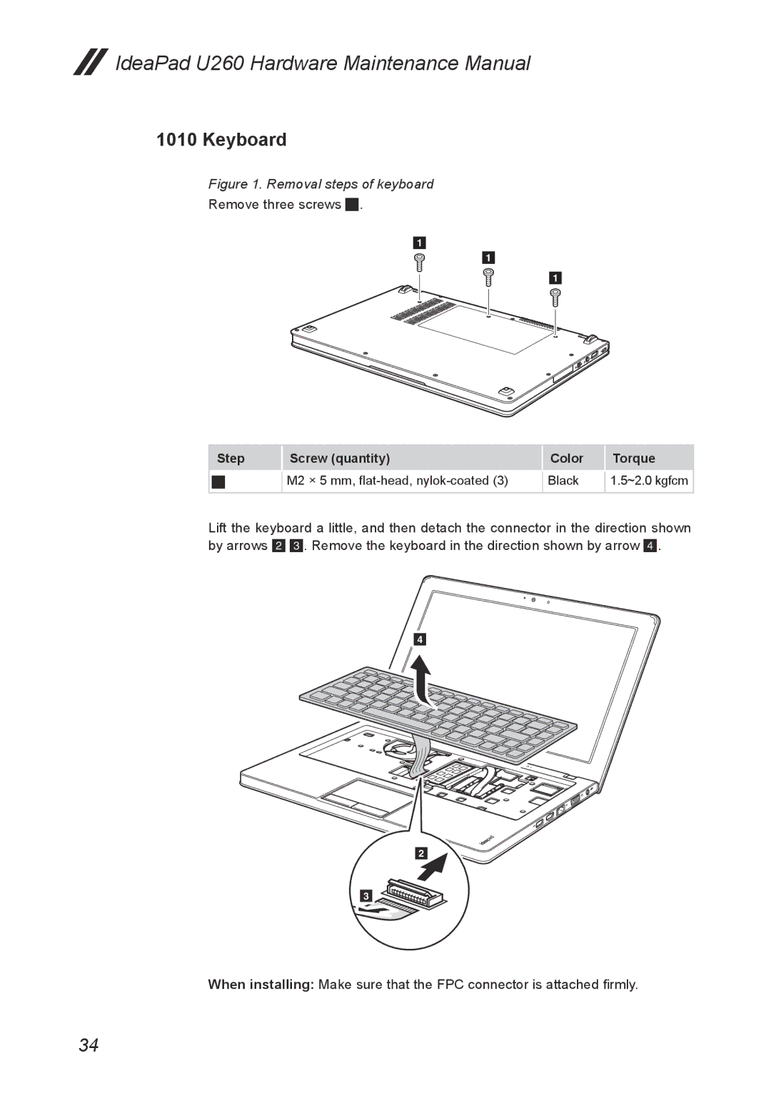 Lenovo U260 manual Keyboard, Removal steps of keyboard 