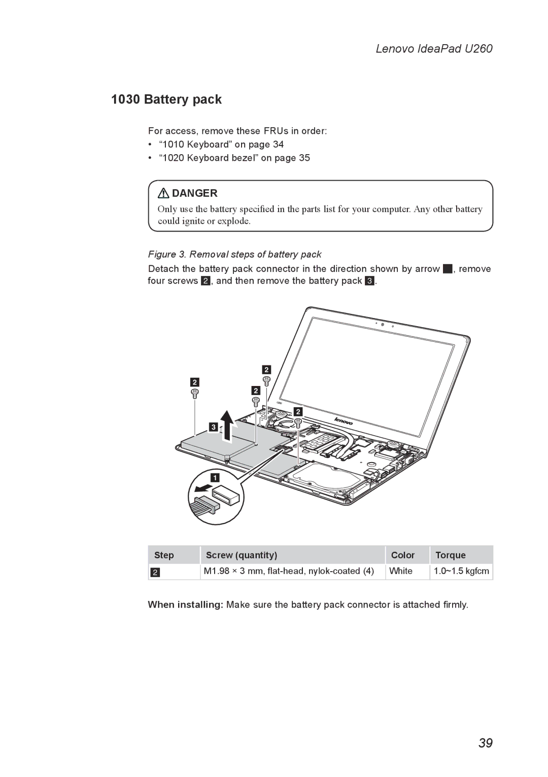 Lenovo U260 manual Battery pack, Removal steps of battery pack 