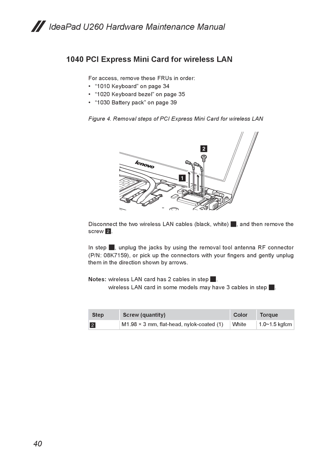 Lenovo U260 manual Removal steps of PCI Express Mini Card for wireless LAN 