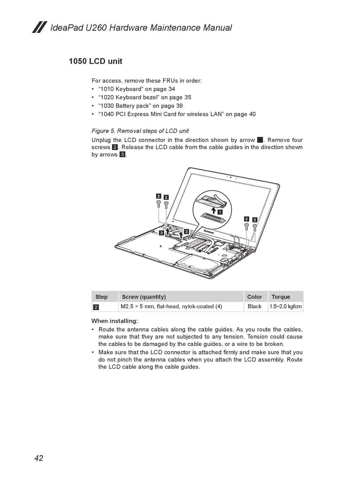 Lenovo U260 manual Removal steps of LCD unit 