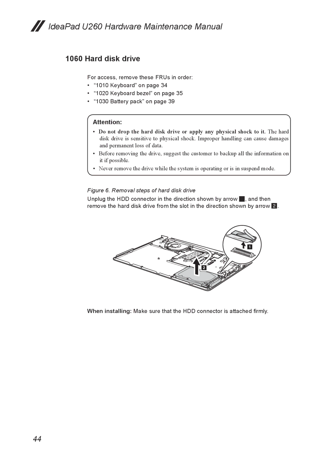 Lenovo U260 manual Hard disk drive, Removal steps of hard disk drive 