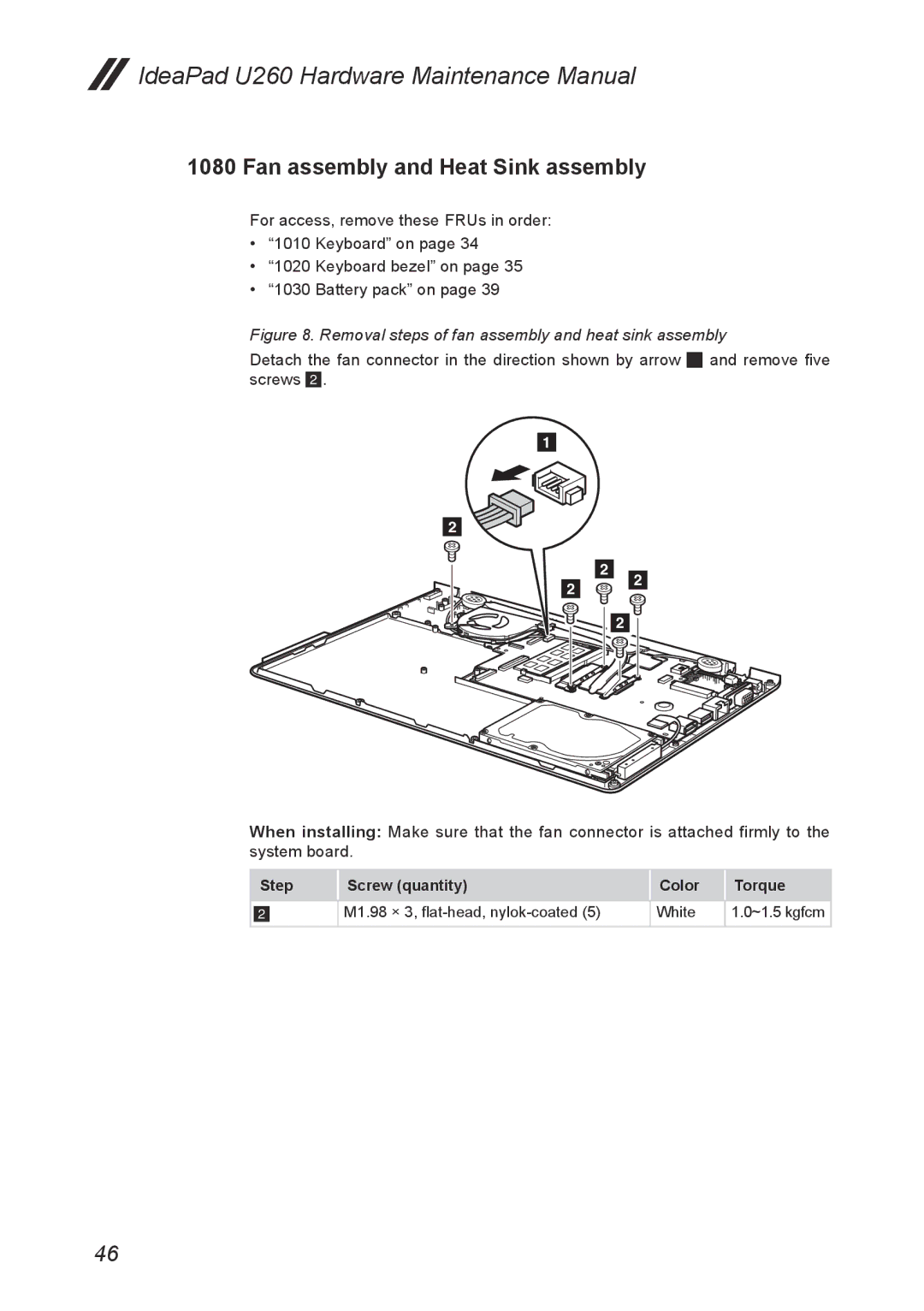 Lenovo U260 manual Fan assembly and Heat Sink assembly, Removal steps of fan assembly and heat sink assembly 