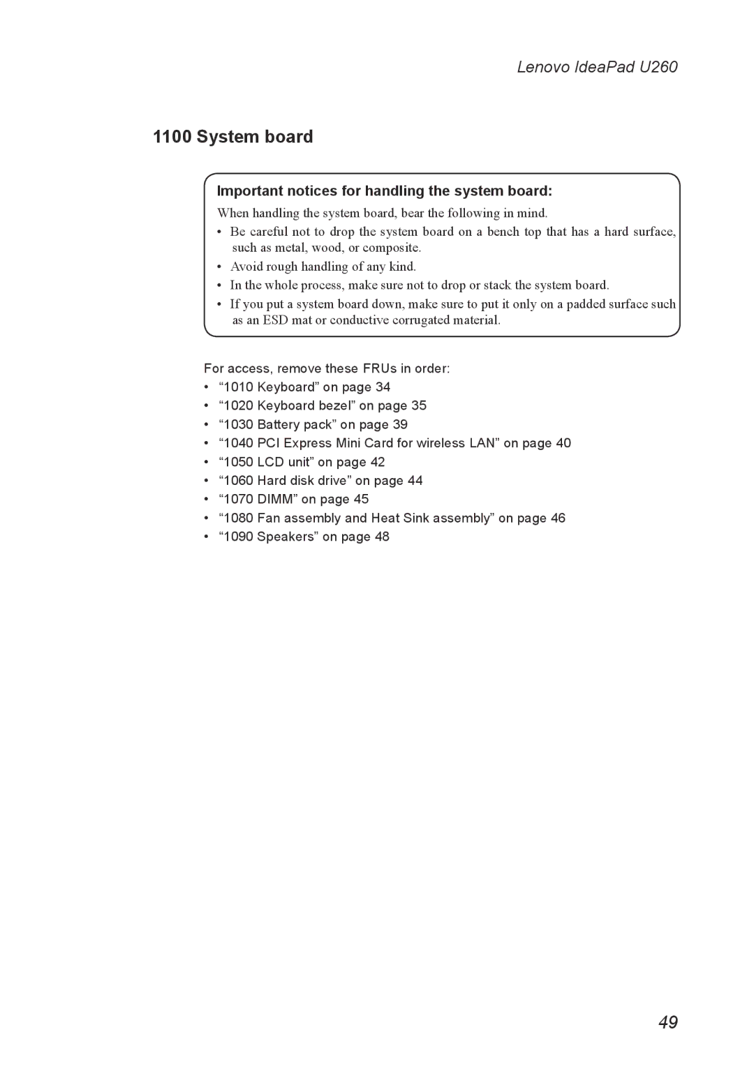 Lenovo U260 manual System board, Important notices for handling the system board 