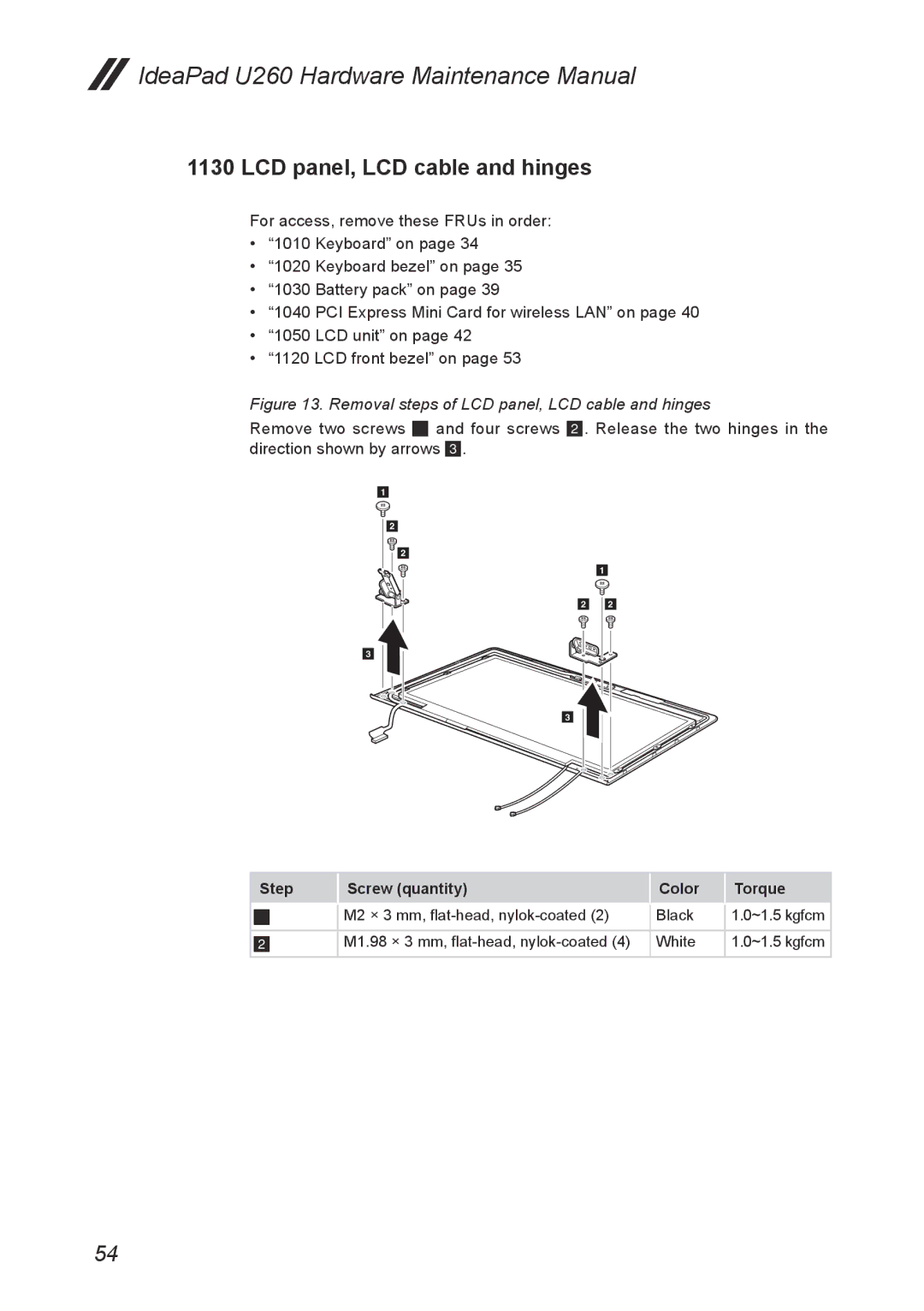 Lenovo U260 manual Removal steps of LCD panel, LCD cable and hinges 