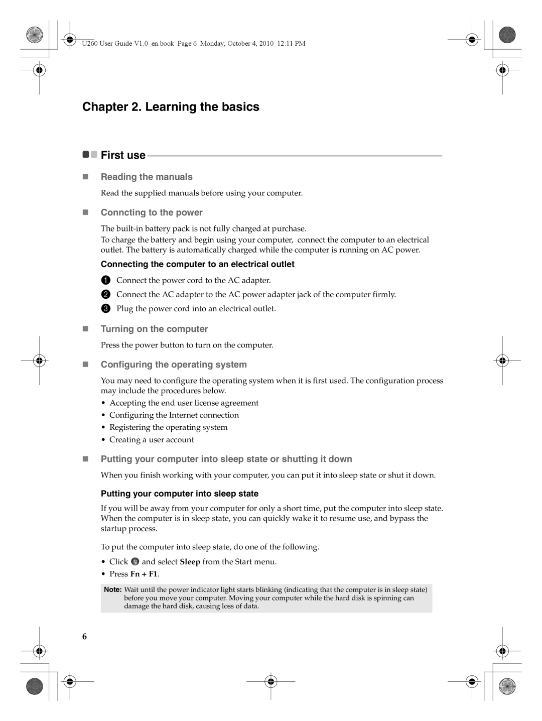 Lenovo U260 manual Learning the basics, First use 