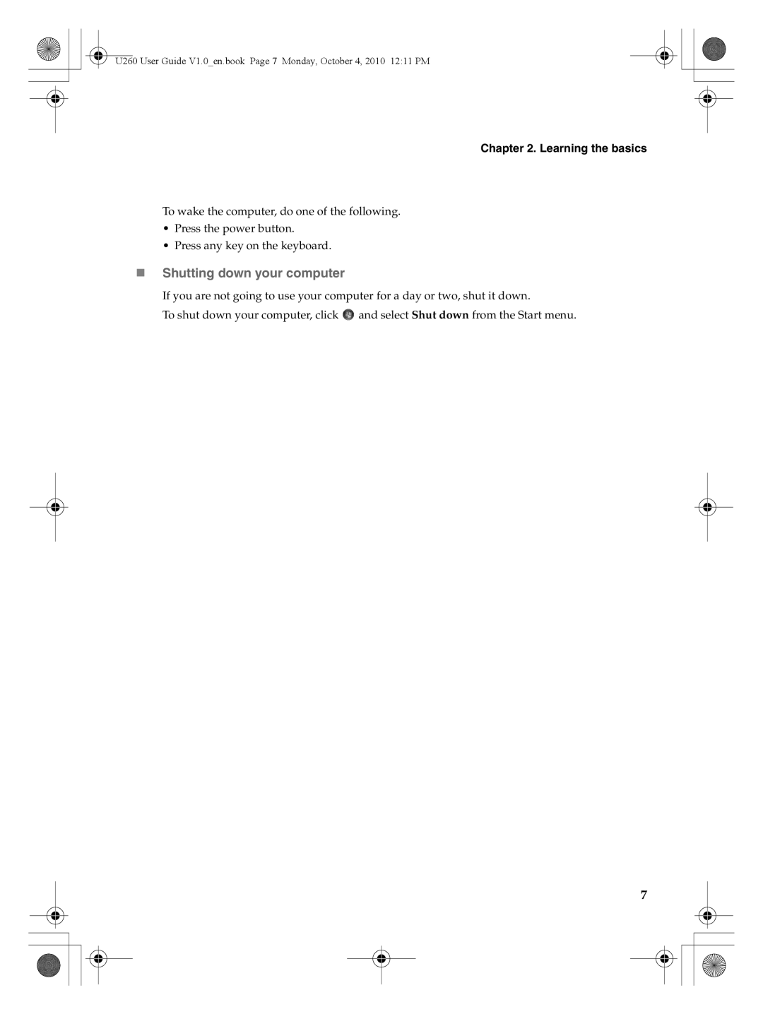 Lenovo U260 manual „ Shutting down your computer, Learning the basics 