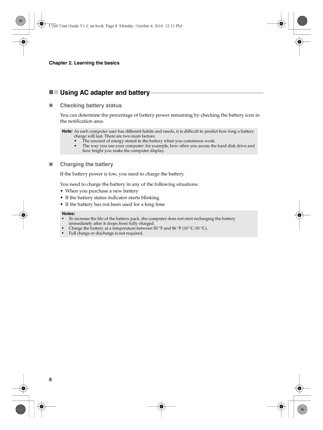 Lenovo U260 manual Using AC adapter and battery, „ Checking battery status, „ Charging the battery 