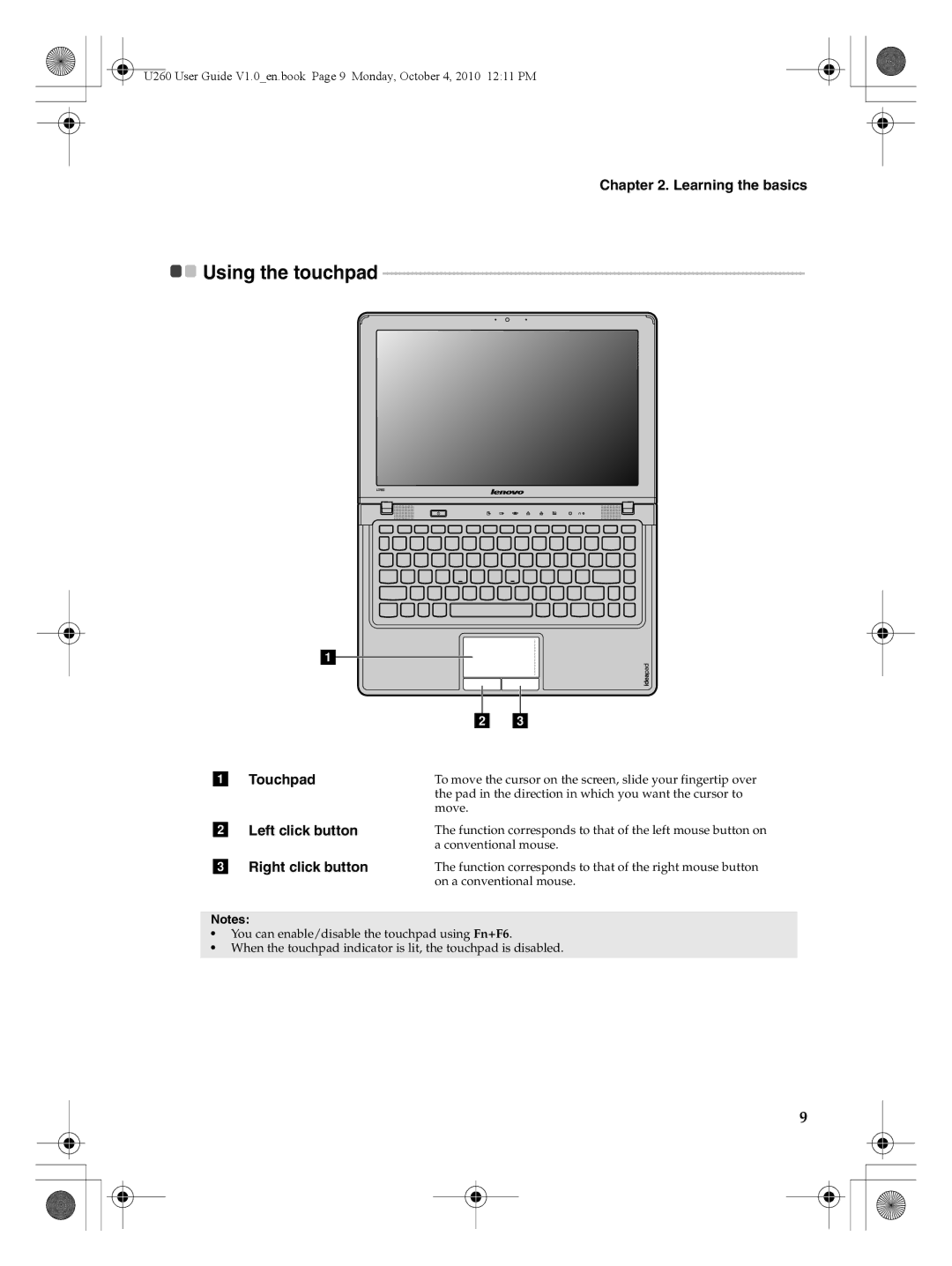 Lenovo U260 manual Using the touchpad, Left click button, Right click button 