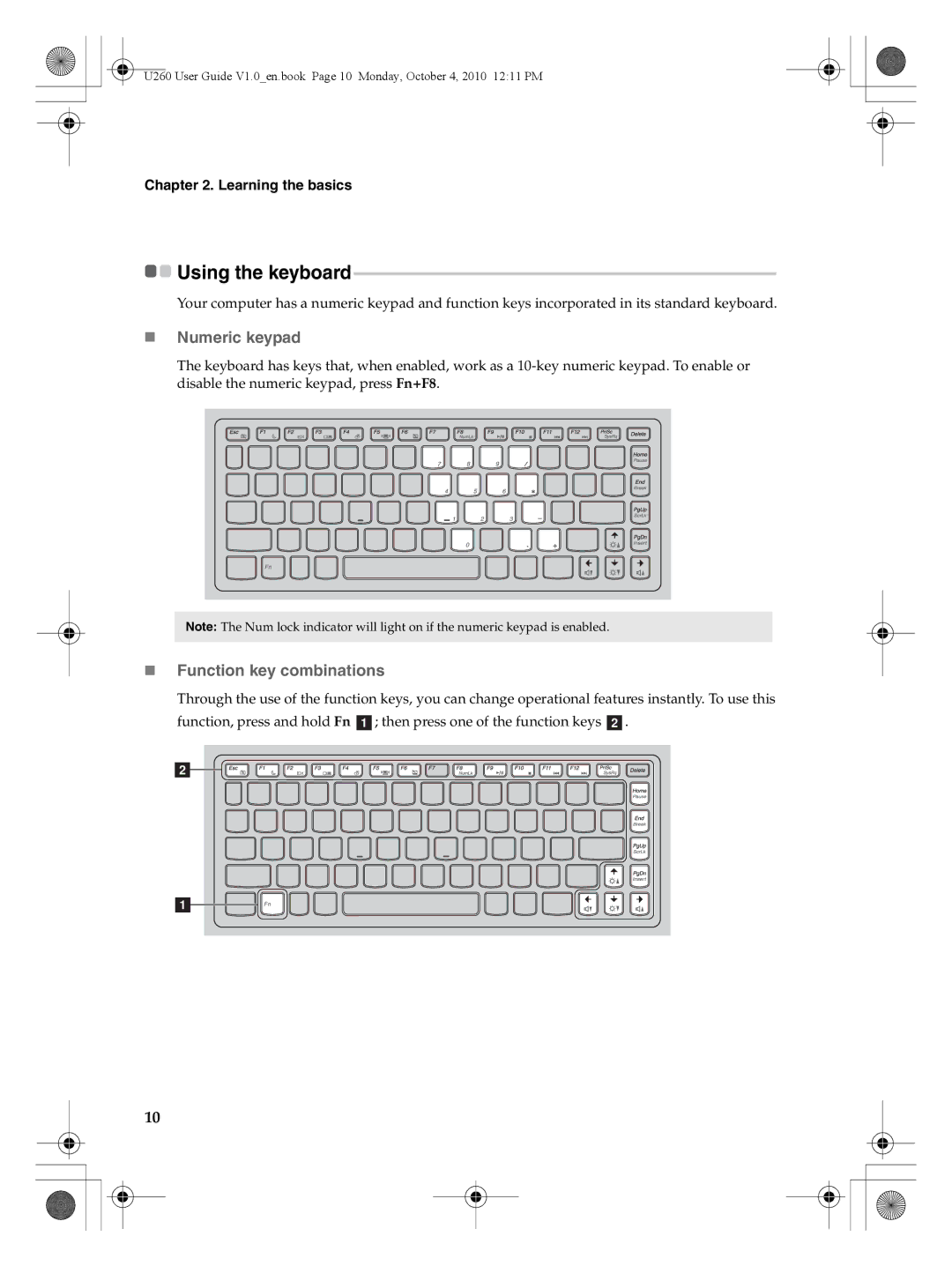 Lenovo U260 manual Using the keyboard, „ Numeric keypad, „ Function key combinations 