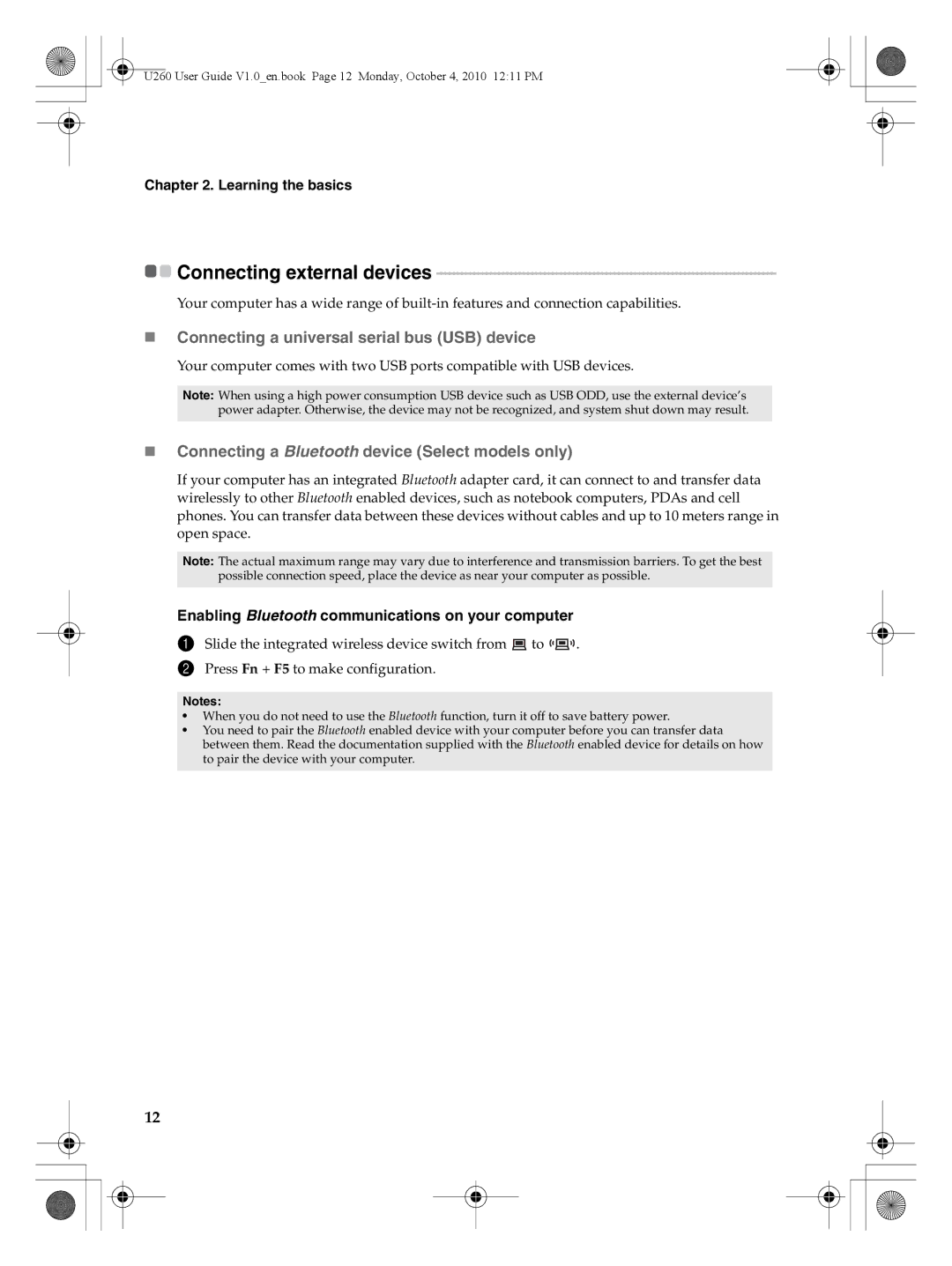 Lenovo U260 manual Connecting external devices, „ Connecting a universal serial bus USB device 