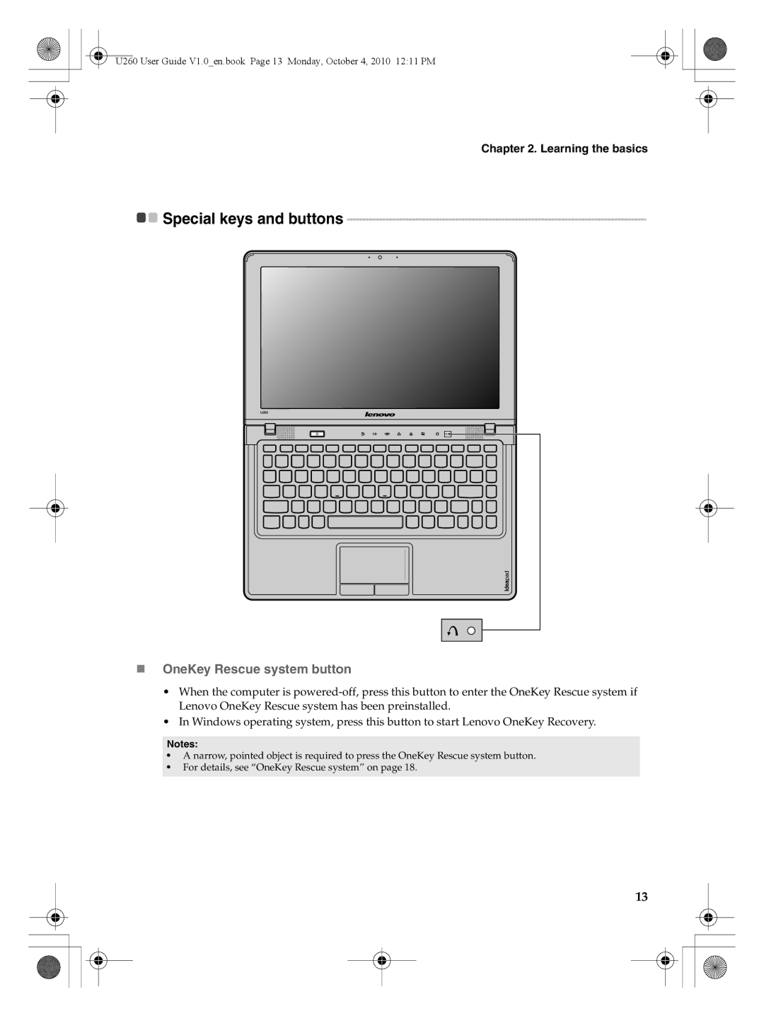 Lenovo U260 manual Special keys and buttons, „ OneKey Rescue system button 