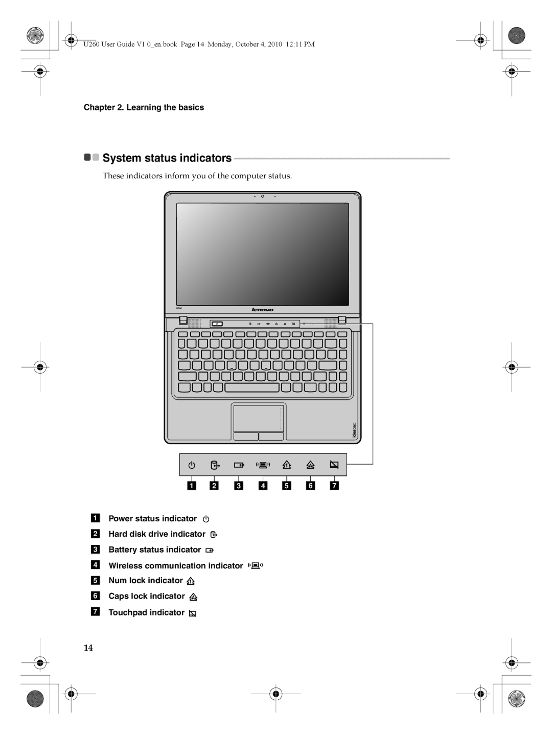 Lenovo U260 manual System status indicators 