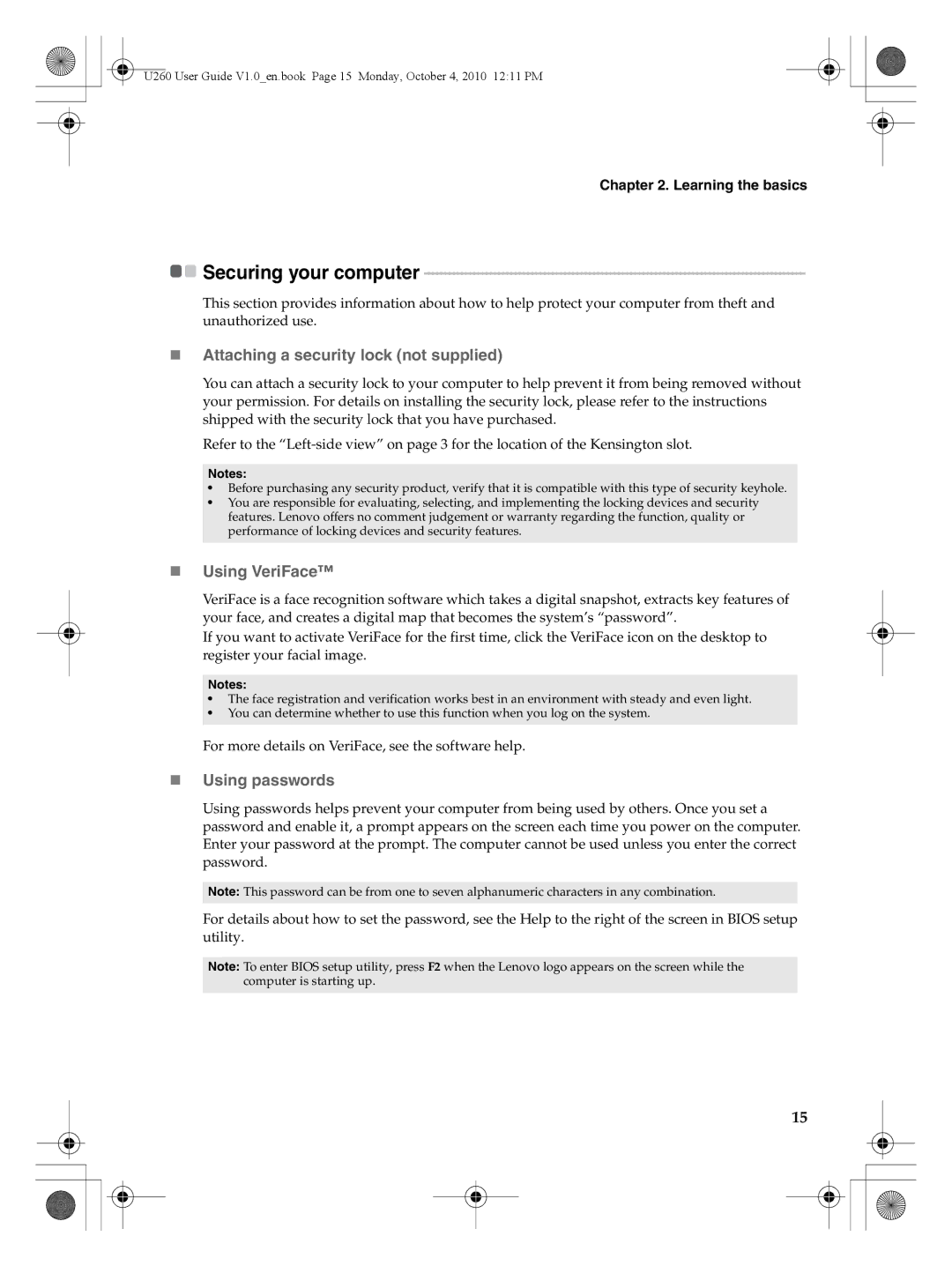 Lenovo U260 manual Securing your computer, „ Attaching a security lock not supplied, „ Using VeriFace, „ Using passwords 