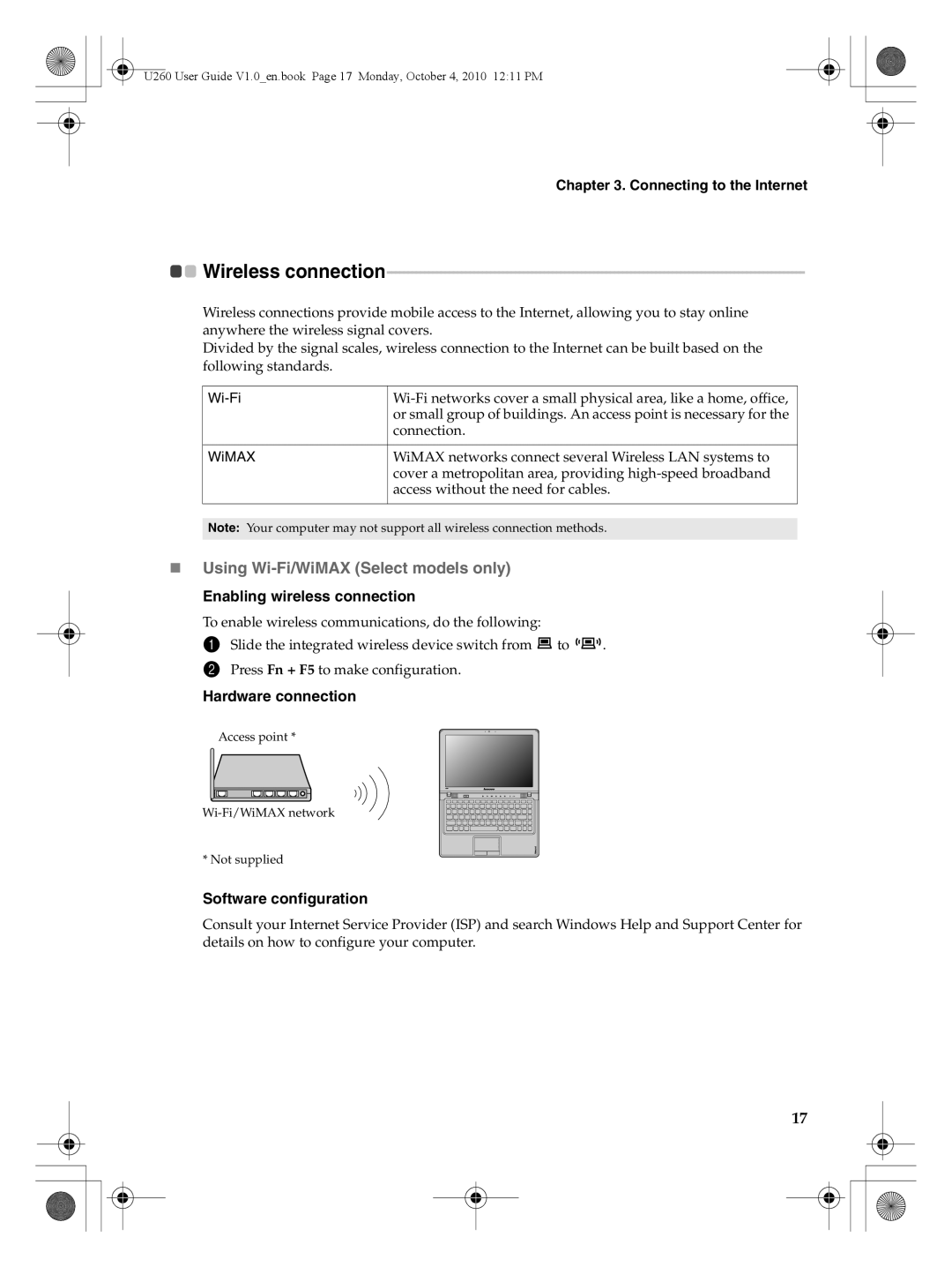 Lenovo U260 manual Wireless connection, „ Using Wi-Fi/WiMAX Select models only 