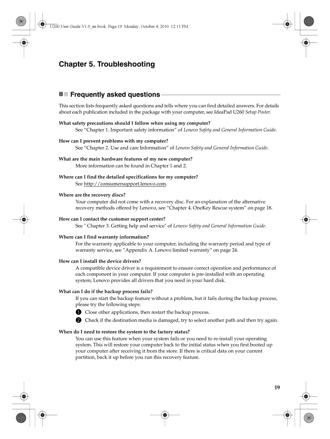 Lenovo U260 manual Troubleshooting, Frequently asked questions 