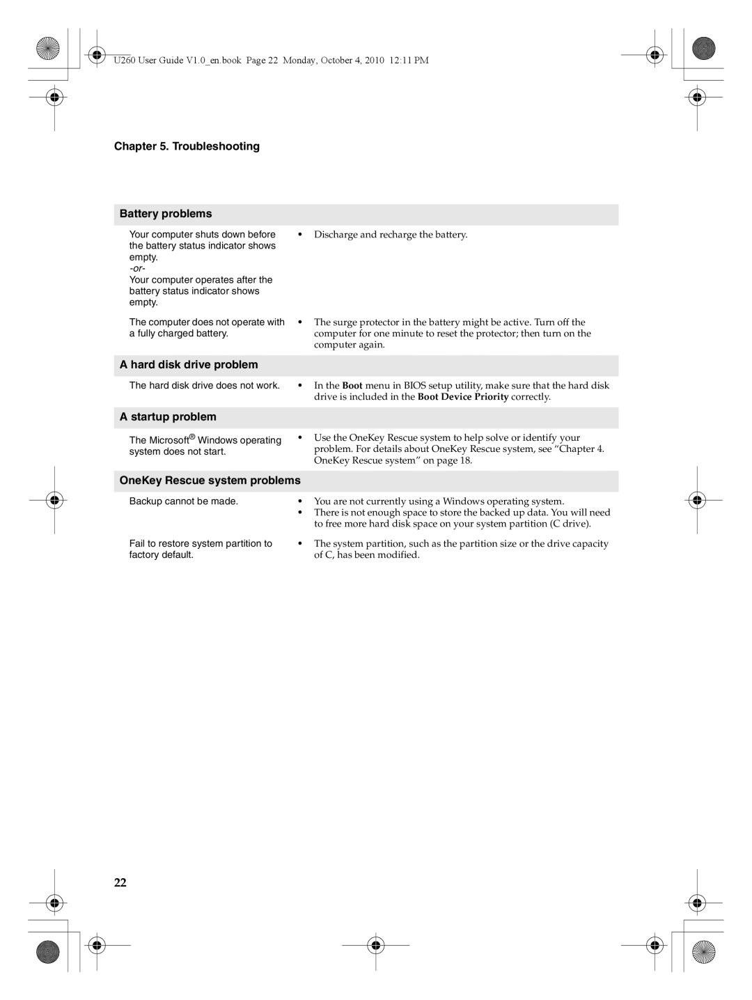 Lenovo U260 Troubleshooting Battery problems, Hard disk drive problem, Startup problem, OneKey Rescue system problems 