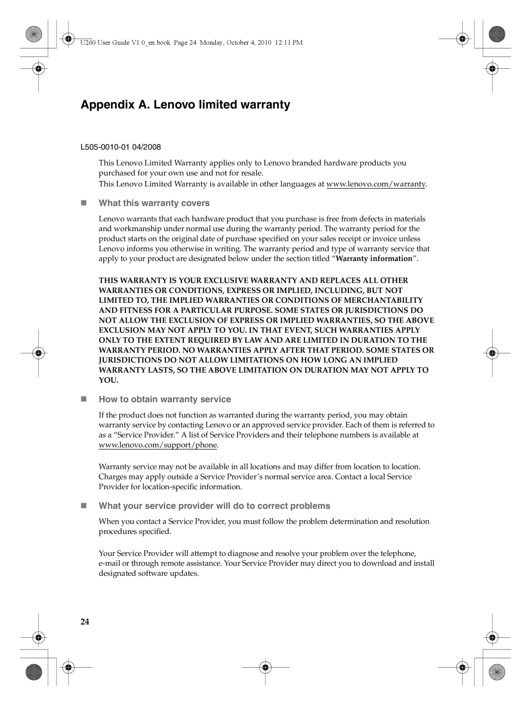 Lenovo U260 manual Appendix A. Lenovo limited warranty, „ What this warranty covers, „ How to obtain warranty service 