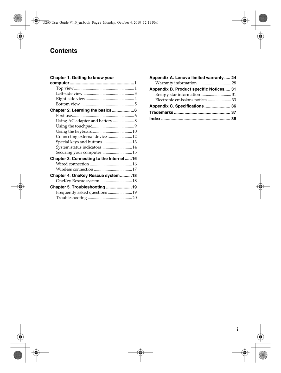 Lenovo U260 manual Contents 