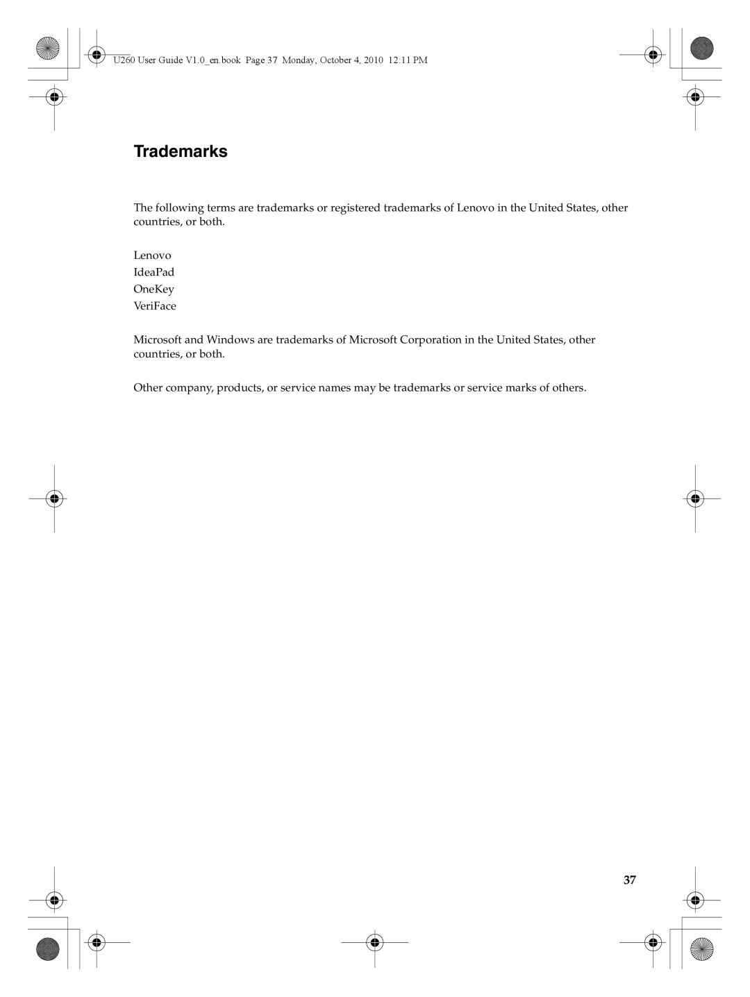 Lenovo U260 manual Trademarks 