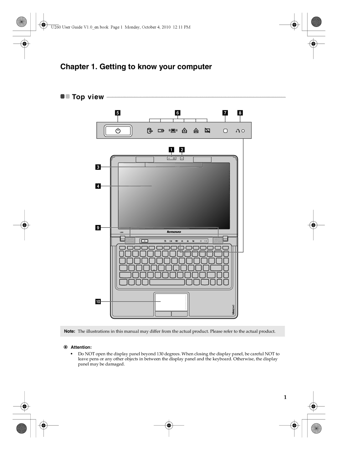 Lenovo U260 manual Getting to know your computer, Top view 