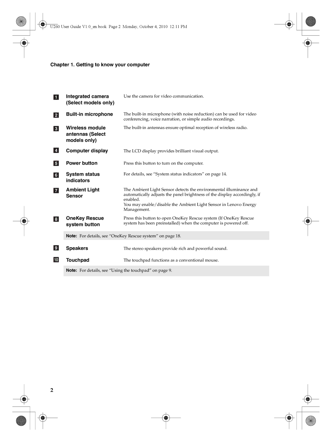 Lenovo U260 manual Getting to know your computer, Select models only, Wireless module, Ambient Light Sensor, OneKey Rescue 