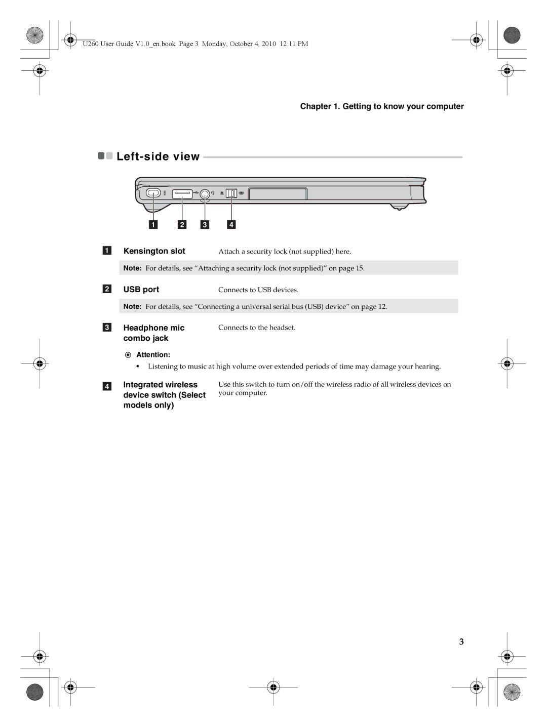 Lenovo U260 manual Left-side view, Kensington slot, USB port, Headphone mic, Combo jack 