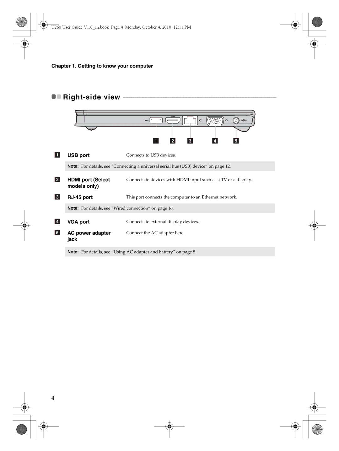 Lenovo U260 manual Right-side view 