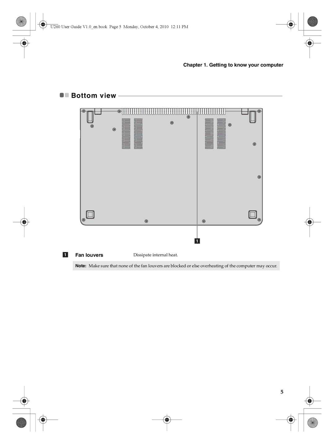 Lenovo U260 manual Bottom view, Fan louvers 