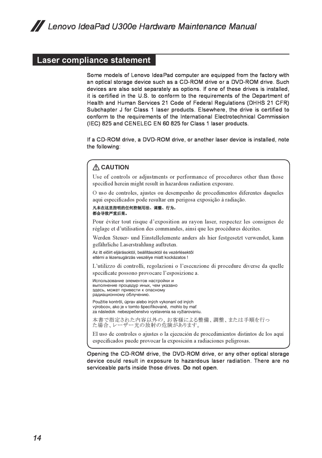 Lenovo U300E manual Laser compliance statement, Lenovo IdeaPad U300e Hardware Maintenance Manual 