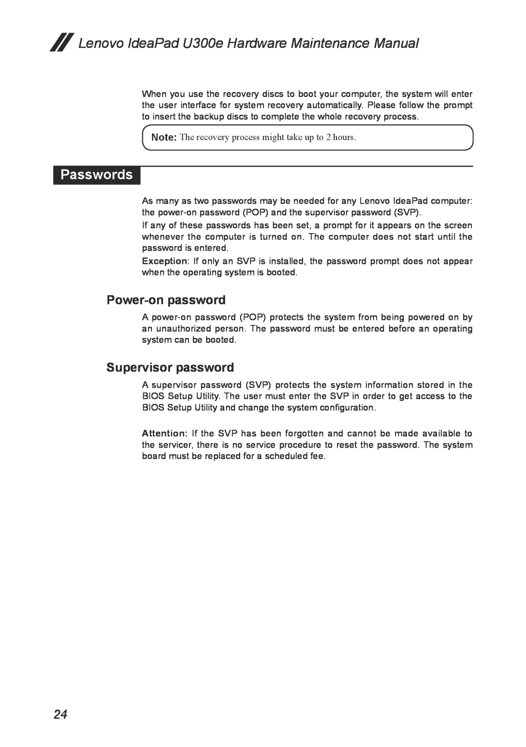 Lenovo U300E manual Passwords, Power-on password, Supervisor password, Lenovo IdeaPad U300e Hardware Maintenance Manual 