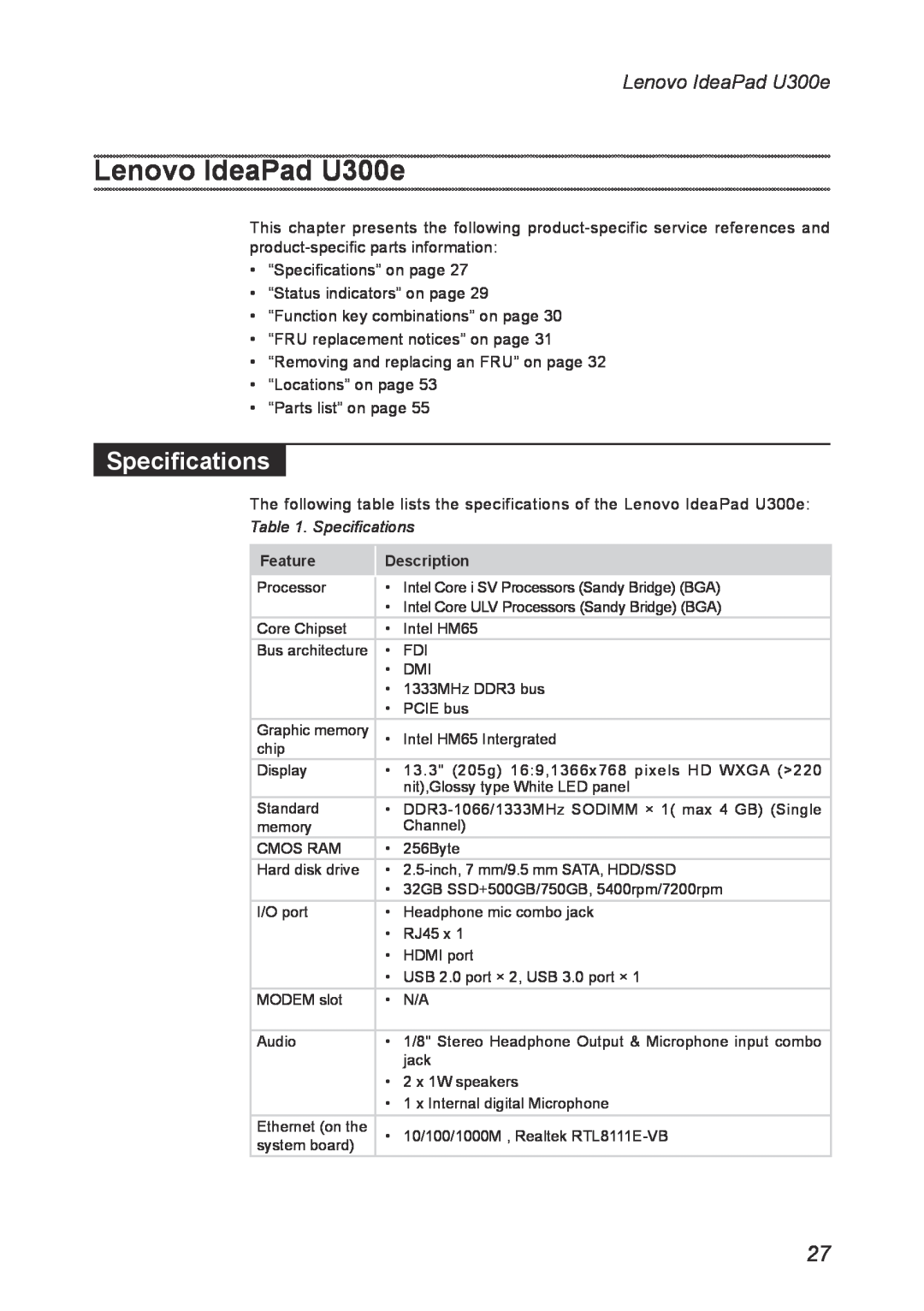 Lenovo U300E manual Lenovo IdeaPad U300e, Specifications 
