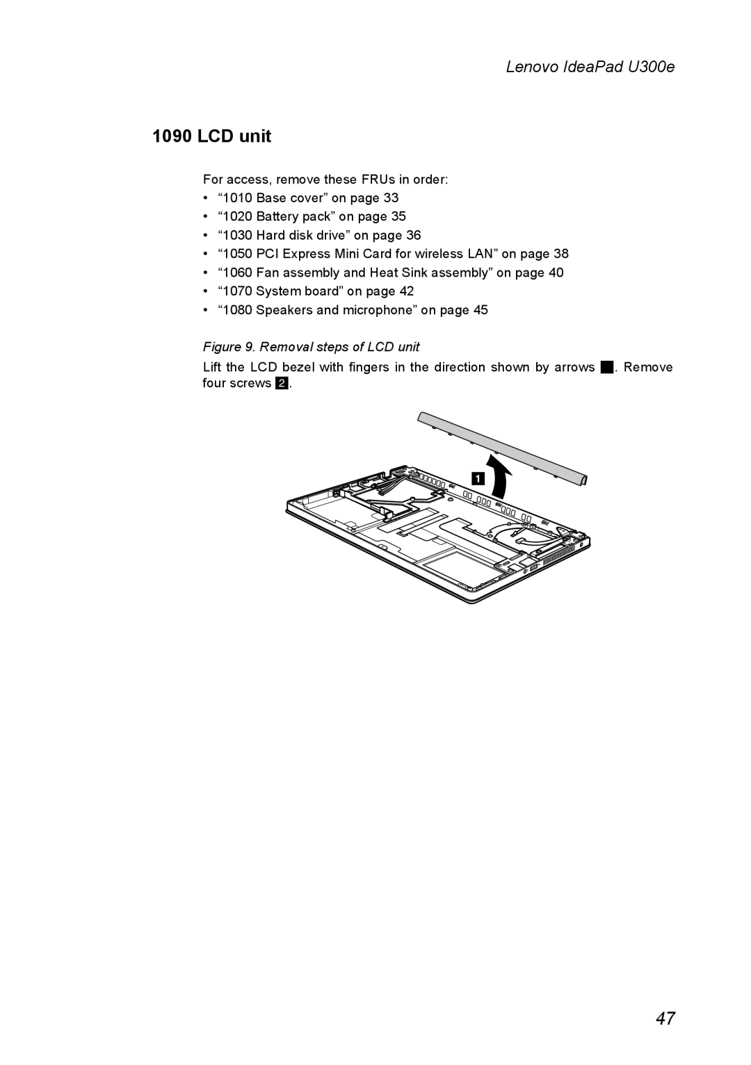 Lenovo U300E manual Removal steps of LCD unit, Lenovo IdeaPad U300e 
