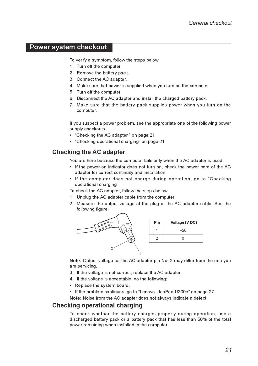 Lenovo U300E manual Power system checkout, Checking the AC adapter, Checking operational charging 