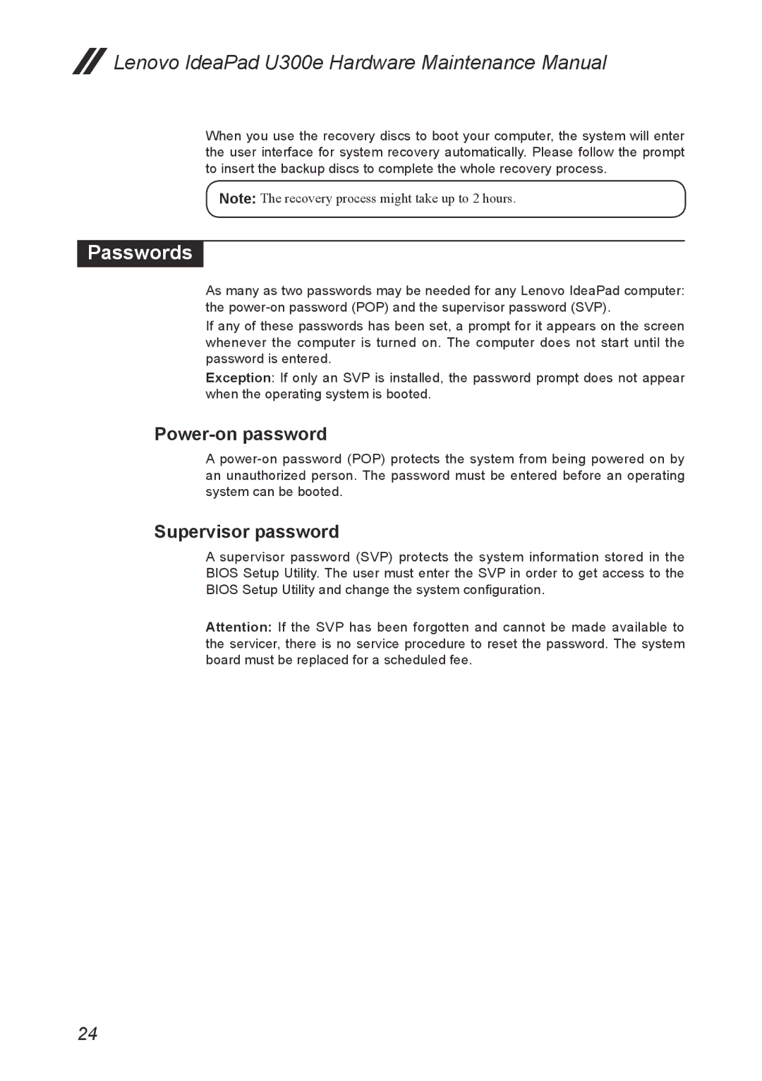 Lenovo U300E manual Passwords, Power-on password, Supervisor password 