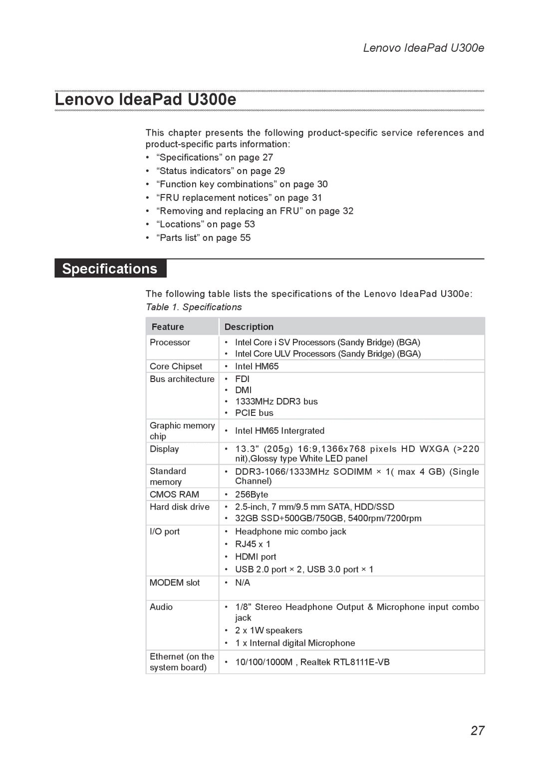 Lenovo U300E manual Lenovo IdeaPad U300e, Specifications 