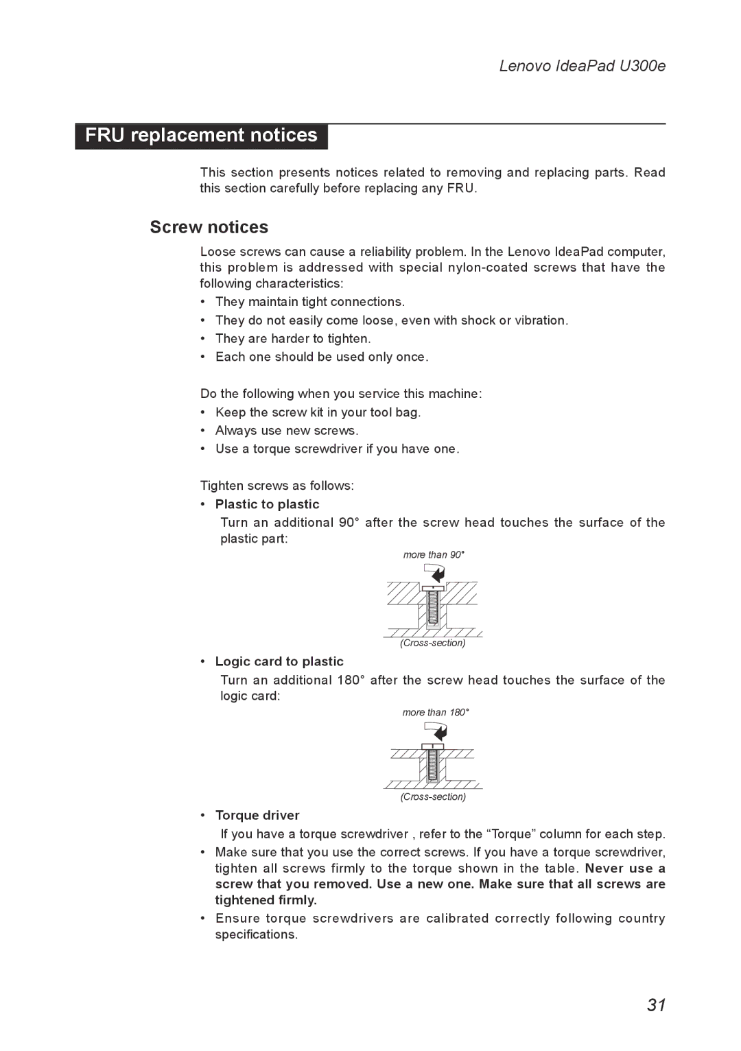 Lenovo U300E manual FRU replacement notices, Screw notices 