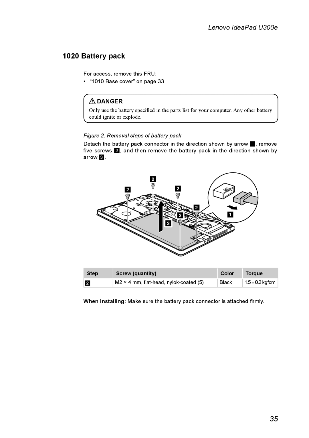 Lenovo U300E manual Battery pack, Removal steps of battery pack 