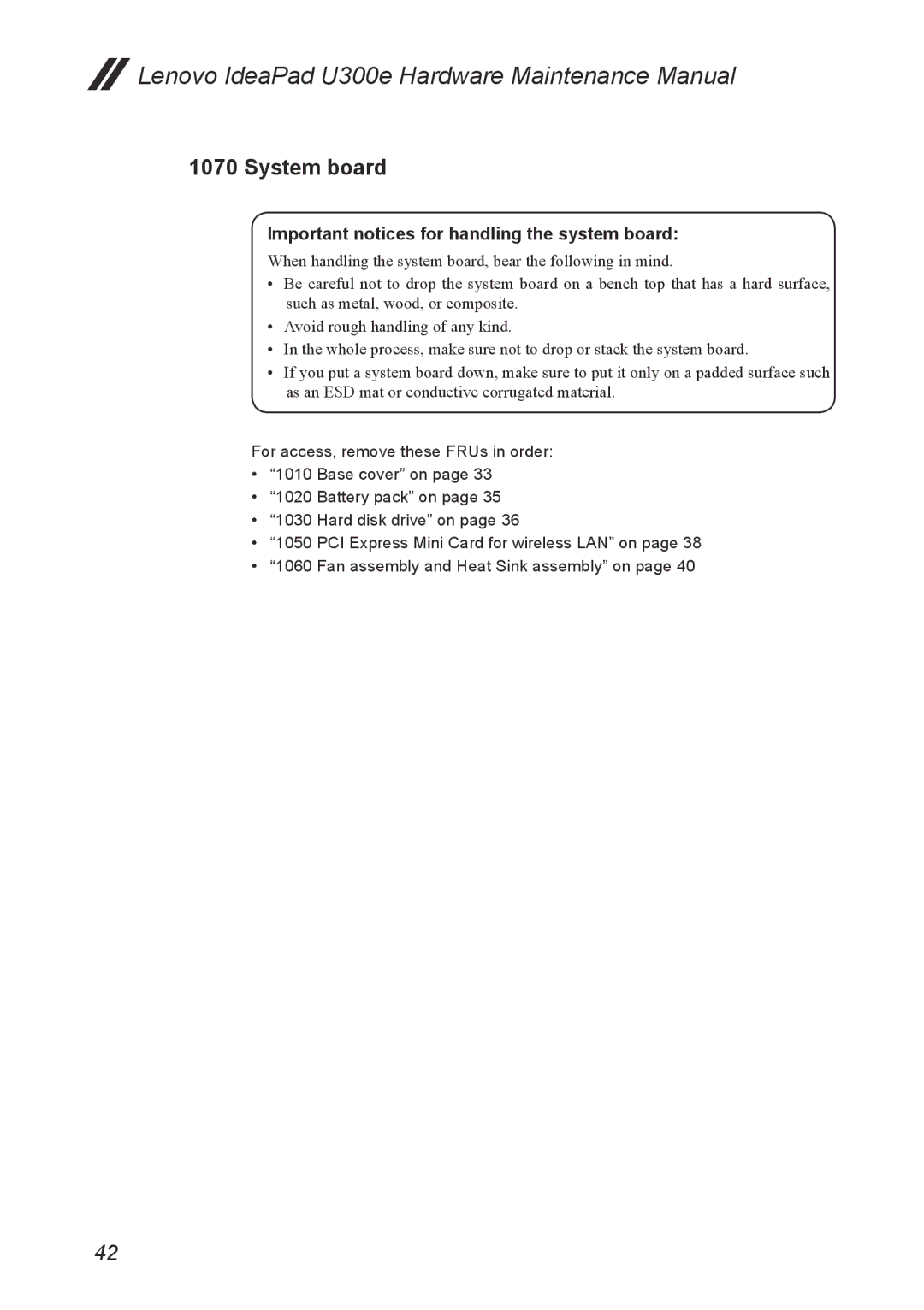 Lenovo U300E manual System board, Important notices for handling the system board 