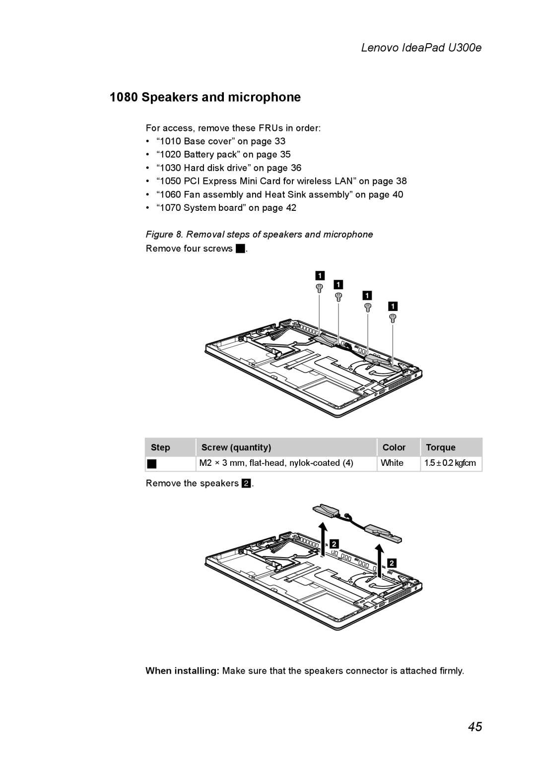 Lenovo U300E manual Speakers and microphone, Removal steps of speakers and microphone 