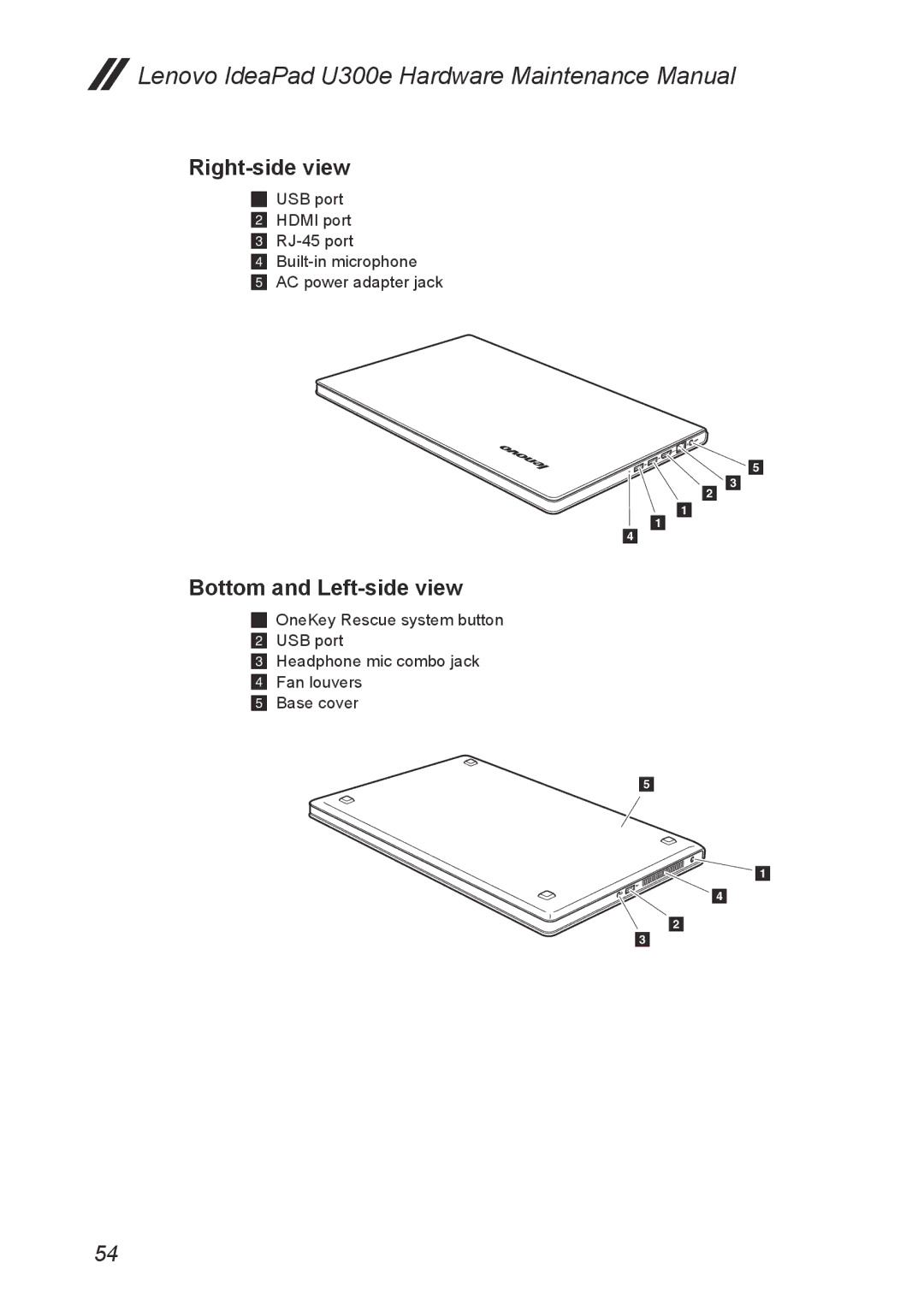 Lenovo U300E manual Right-side view, Bottom and Left-side view 