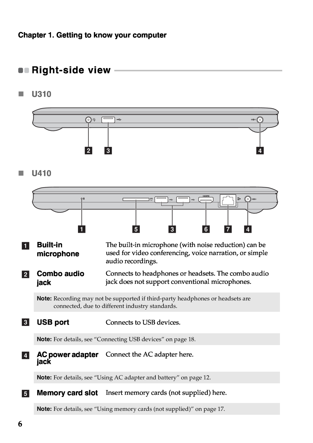 Lenovo manual Right-side view, a Built-in microphone b Combo audio jack, e c f g d, c USB port, „ U310, „ U410 