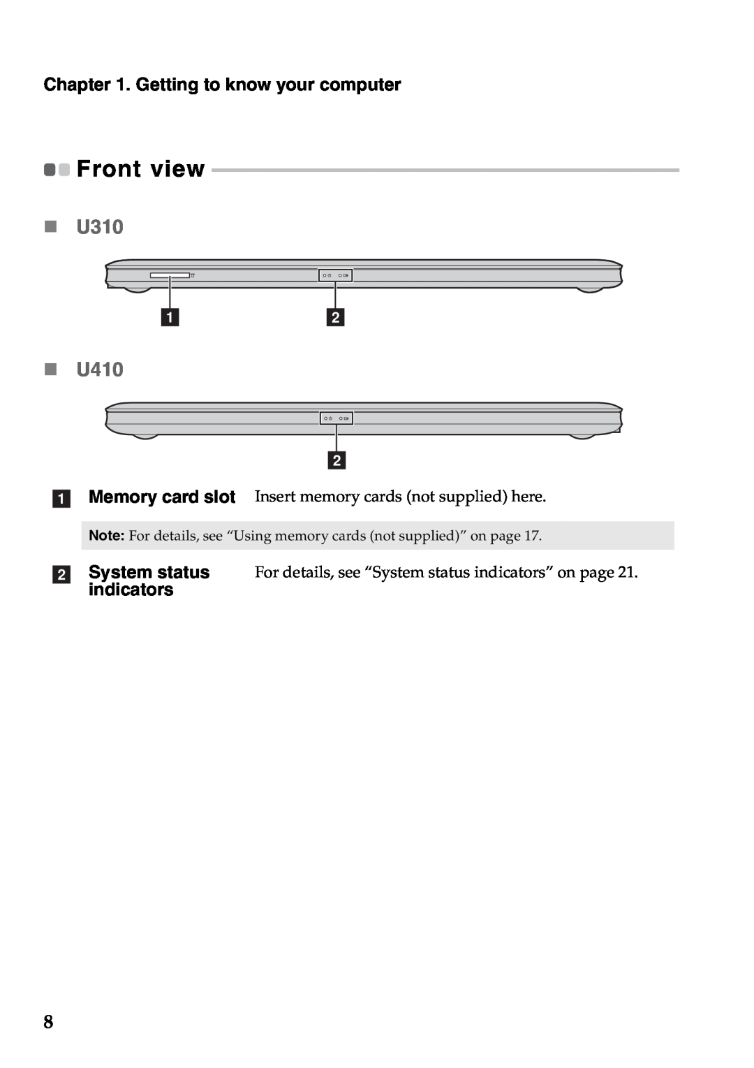 Lenovo U310 manual U410, Front view, Getting to know your computer 