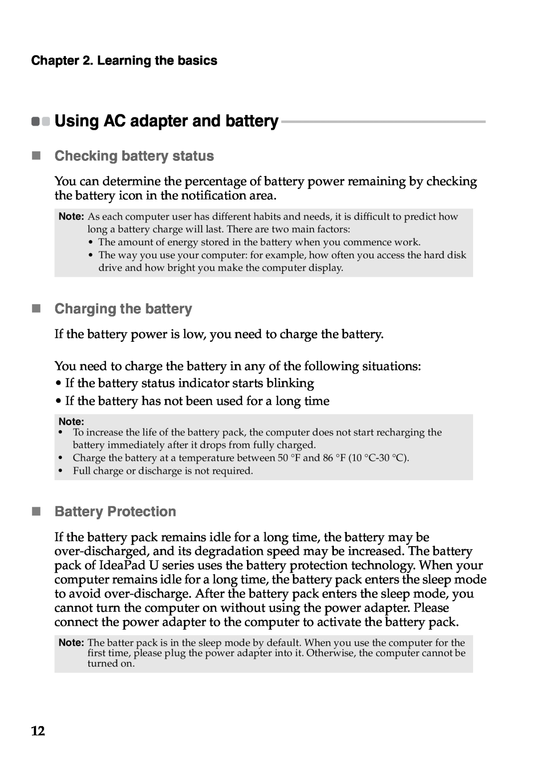 Lenovo U310, U410 manual „ Checking battery status, „ Charging the battery, „ Battery Protection, Learning the basics 