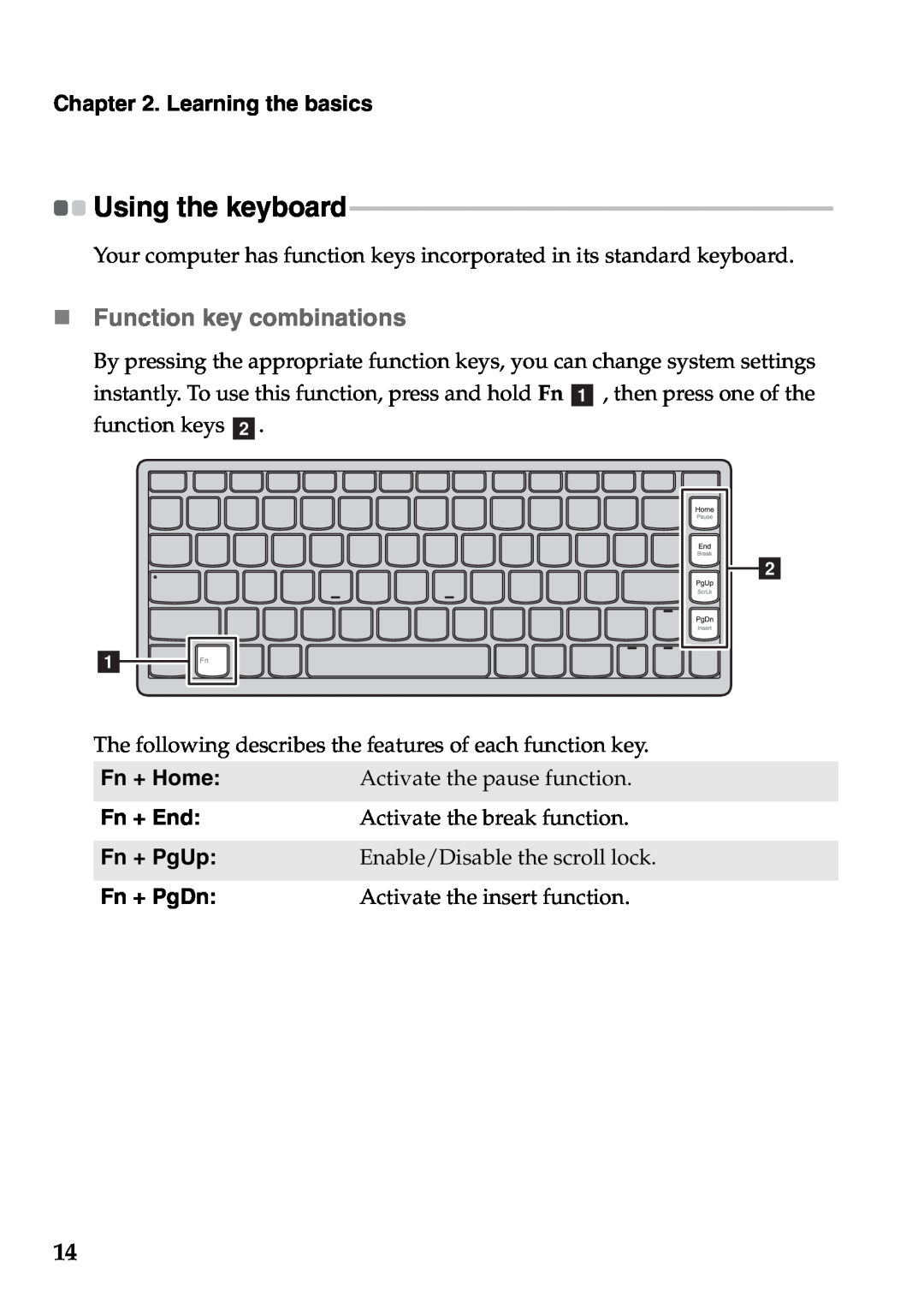 Lenovo U310, U410 manual „ Function key combinations, Using the keyboard, Fn + End, Learning the basics 