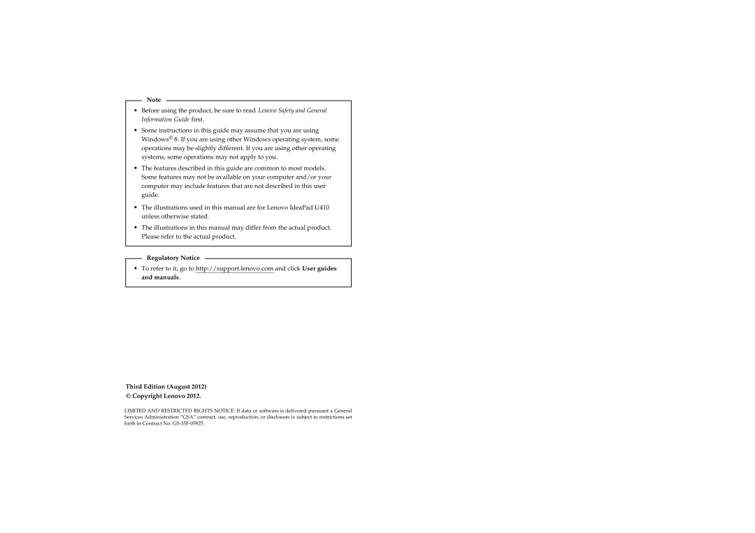 Lenovo U310, U410 manual Regulatory Notice, Third Edition August Copyright Lenovo 