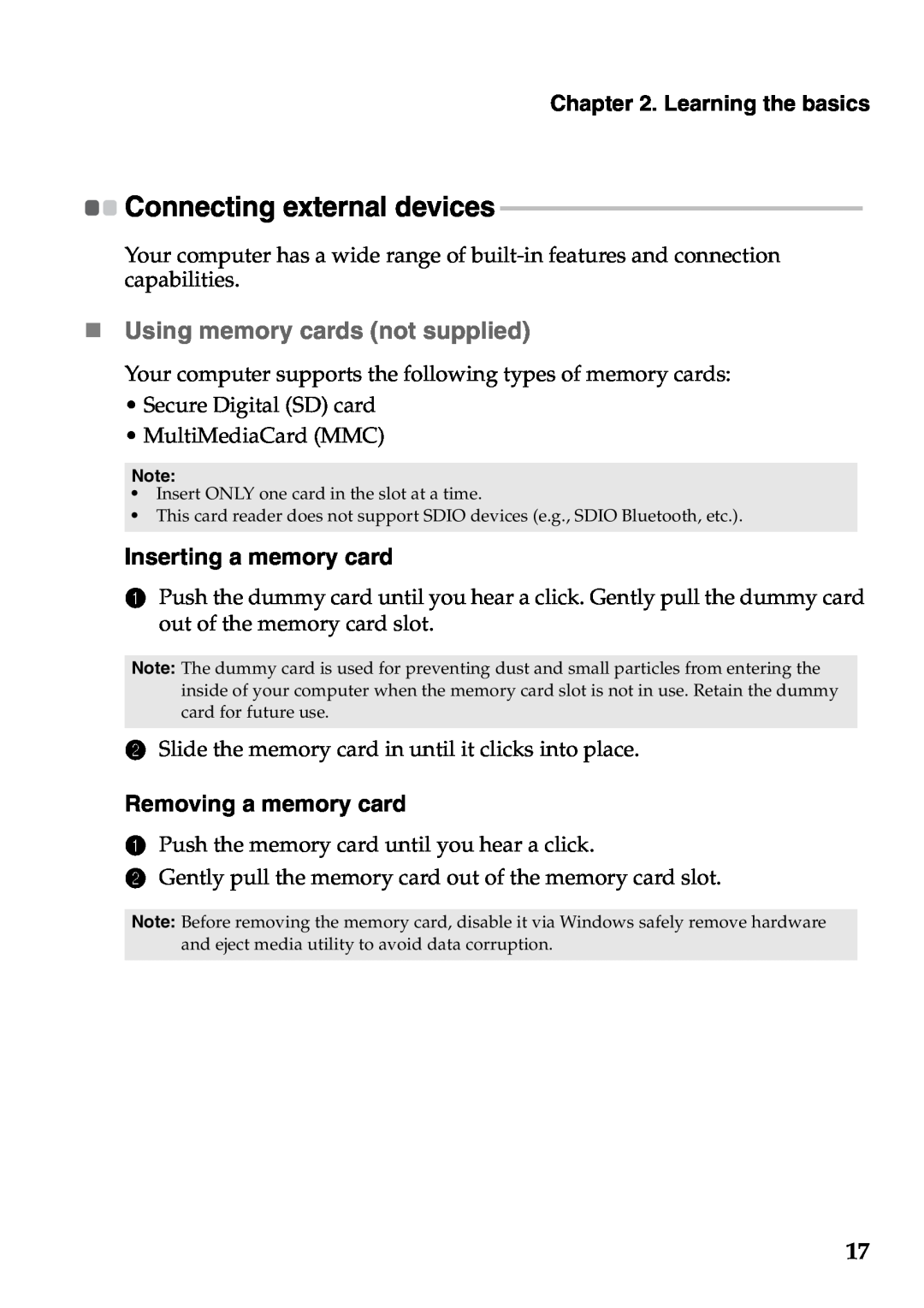 Lenovo U410, U310 „ Using memory cards not supplied, Inserting a memory card, Removing a memory card, Learning the basics 